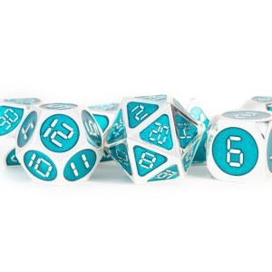 Polyhedral 7-die set: 16mm Digital Metal Silver w/ Teal Enamel
