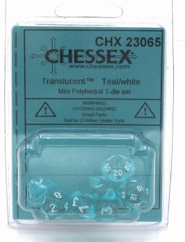 Polyhedral 7-die set: 9mm Translucent Teal/white