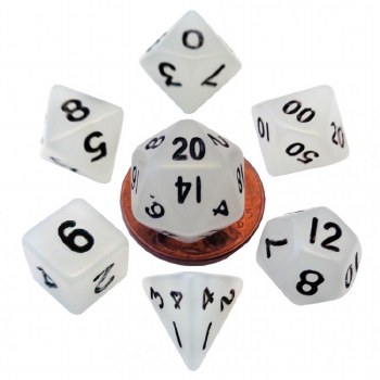 Polyhedral 7-die Mini set: 10mm GLOW: Clear/black