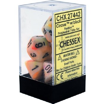Polyhedral 7-die set: Festive Circus/black