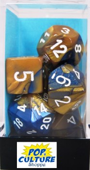 Polyhedral 7-die set: Gemini Blue-Gold/white