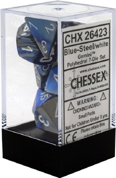 Polyhedral 7-die set: Gemini Blue-Steel/white