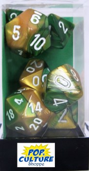 Polyhedral 7-die set: Gemini Gold-Green/white