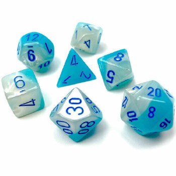 Polyhedral 7-die set: Gemini Pearl Turquoise-White/blue