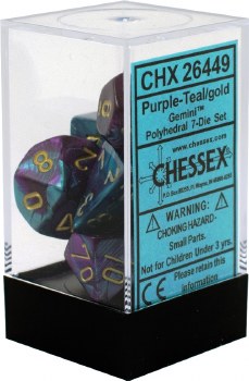 Polyhedral 7-die set: Gemini Purple-Teal/gold