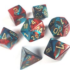 Polyhedral 7-die set: Gemini Red-Teal/gold