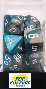 Polyhedral 7-die set: Gemini Steel-Teal/white