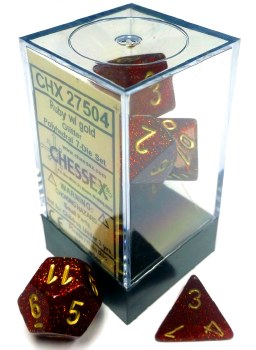 Polyhedral 7-die set: Glitter Ruby Red/gold