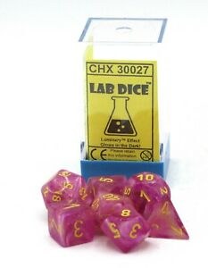 Polyhedral 7-Die Set: Glow In The Dark Luminary Lab Dice - Leaf Fuschia/yellow