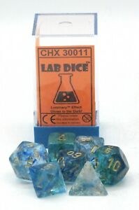 Polyhedral 7-Die Set: Glow In The Dark Luminary Lab Dice Oceanic/gold