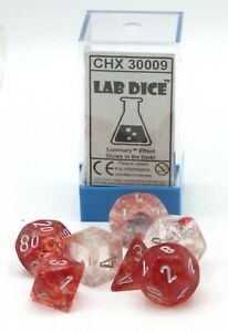Polyhedral 7-Die Set: Glow In The Dark Luminary Lab Dice Red/silver