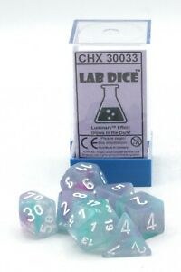 Polyhedral 7-Die Set: Glow In The Dark Luminary Lab Dice - Nebula Wisteria/white