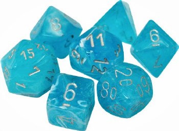 Polyhedral 7-die set: Glow in the Dark Luminary Sky/silver