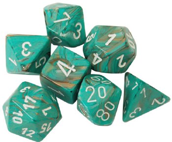 Polyhedral 7-die set: Marble Oxi-Copper/white