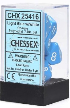 Polyhedral 7-die set: Opaque Light Blue/white