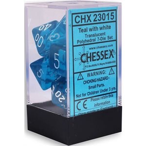 Polyhedral 7-die set: Translucent Teal/white