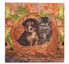 Crystal Art Framed Canvas Kit - Puppy and Kitten in a Basket