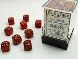 D6 36-Die set: 12mm Glitter Ruby Red/ Gold