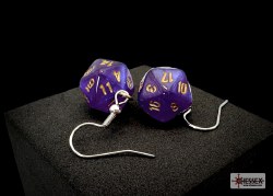 Dice Earrings: d20 Borealis Royal Purple/ Gold, Hook