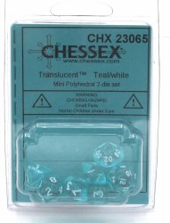Polyhedral 7-die set: 9mm Translucent Teal/white