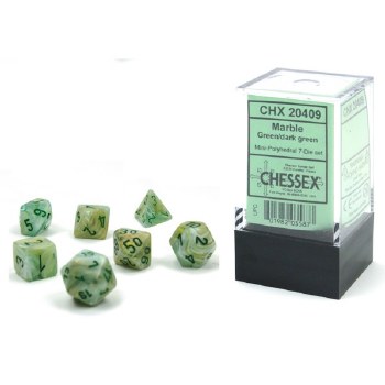7-Set Mini Green Marble Dice with Dark Green Numbers