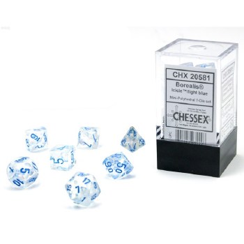 7-Set Mini Light Blue Borealis Dice with Light Blue Numbers