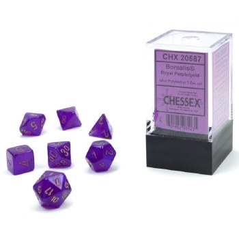 7-Set Mini Royal Purple Borealis Luminary Dice with Gold Numbers
