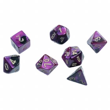 7-Set Mini Gemini Black-Purple Dice with Gold Numbers