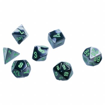 7-Set Mini Gemini Black-Grey Dice with Green Numbers