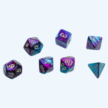 7-Set Mini Gemini Purple-Teal Dice with Gold Numbers