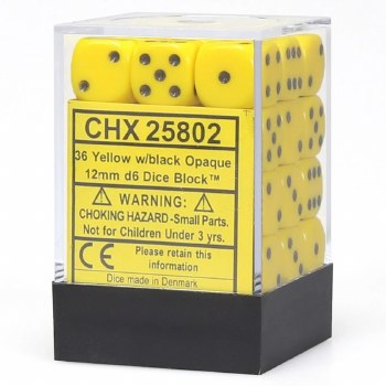 d6 Cube 12mm Opaque Yellow Dice with Black Numbers (36)