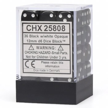 d6 Cube 12mm Opaque Black Dice with White Numbers (36)