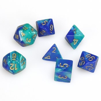 7-set Cube Gemini Blue Teal Dice with Gold Numbers