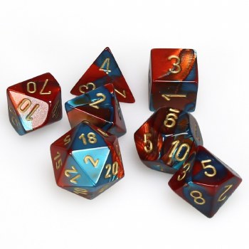 7-set Cube Gemini Red-Teal Dice with Gold