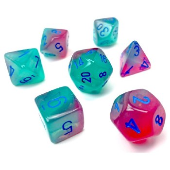 7-set Cube Gemini Luminary Gel Green/Pink Dice with Blue Numbers