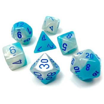 7-set Cube Gemini Luminary Pearl Turquoise/White Dice with Blue Numbers