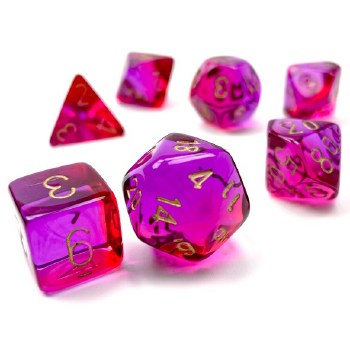7-set Cube Gemini Translucent Red/Violet Dice with Gold Numbers