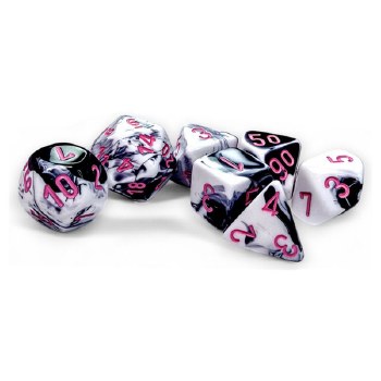 7-set Cube Gemini Black/White Dice with Pink Numbers