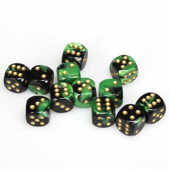 d6 Cube 16mm Gemini Black and Green with Gold Dice (12)