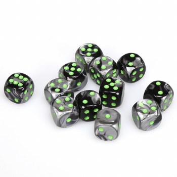 d6 Cube 16mm Gemini Black and Gray with Green Dice (12)