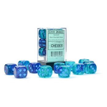 12-set Cube d6 Gemini Luminary Blue-Blue Dice with light Blue Pips