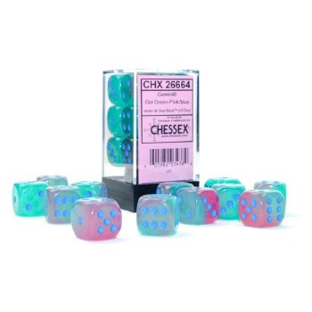 d6 Cube 16mm Gemini Luminary Gel Green-Pink with Blue Dice (12)