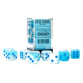 d6 Cube 16mm Gemini Luminary Gpearl Turquoise-White with Blue Dice (12)