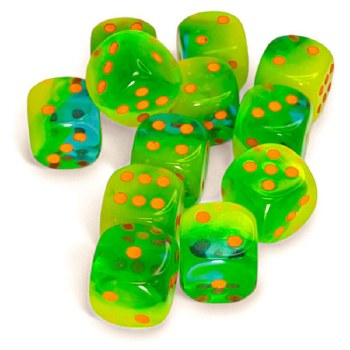 d6 Cube 16mm Gemini Plasma Luminary Green-Teal with Orange Pips Dice (12)