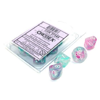 10-set d10 Clamshell Nebula Wisteria Luminary Dice with White Numbers