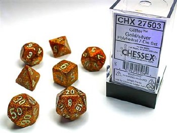 7-set Cube Glitter Gold Dice with Silver Numbers