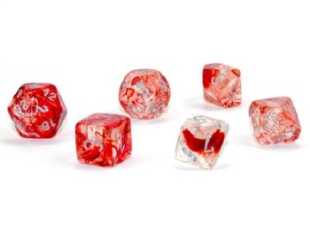 7-set Nebula Red Luminary Dice with Silver Numbers