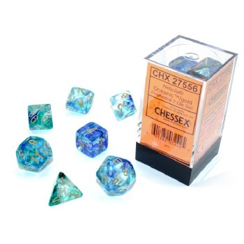 7-set Cube Nebula Oceanic Luminary Dice with Gold Numbers