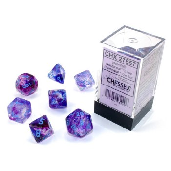 7-set Cube Nebula Nocturnal Luminary Dice with Blue Numbers