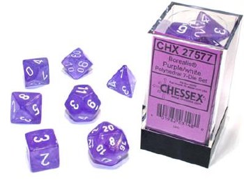 7-set Cube Borealis Luminary Purple Dice with White Numbers